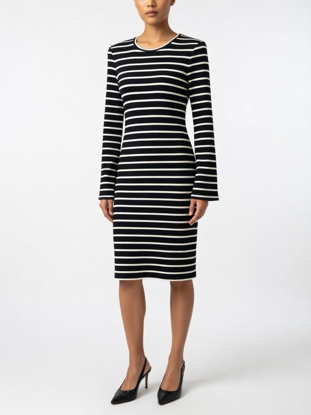 🇨🇦 Judith & Charles Black & White Striped Long Sleeve Exposed Zipper Midi Dress